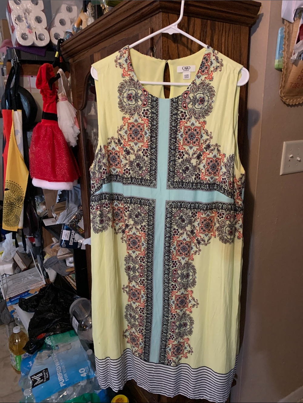 Cato Pale Yellow Sleeveless Medallion Print Shift Dress with Mint Cross Detail